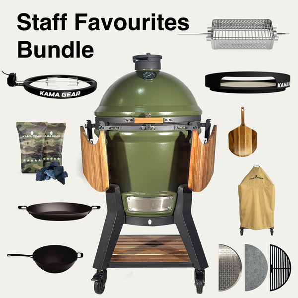 V2 Kamado Staff Favourites Bundle with olive-green grill, rotisserie cage, pizza gear, cookware, cover and charcoal.