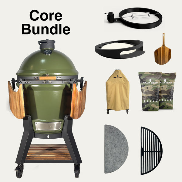 V2 Kamado Core Bundle with olive-green grill and stand, rotisserie, pizza attachment, cover, charcoal and cooking surfaces.