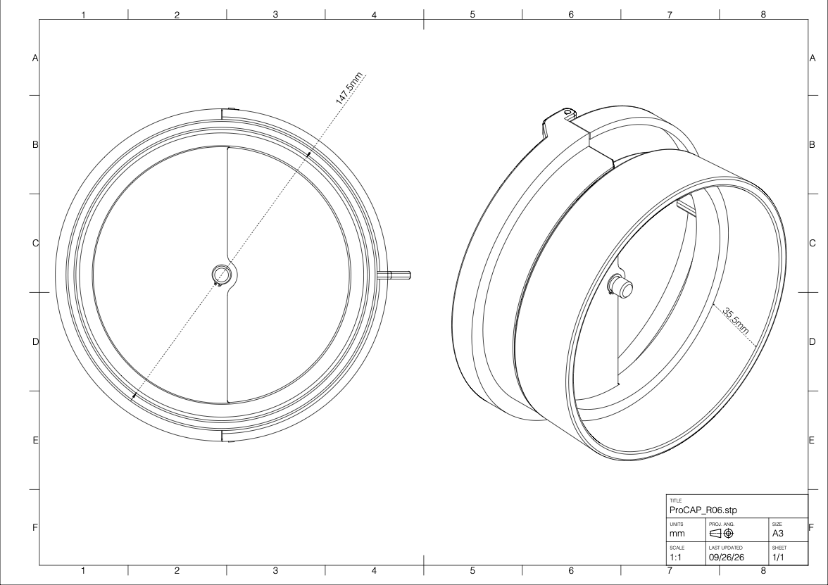 Technical drawing of the Pro Cap showing top and angled views with dimension lines.