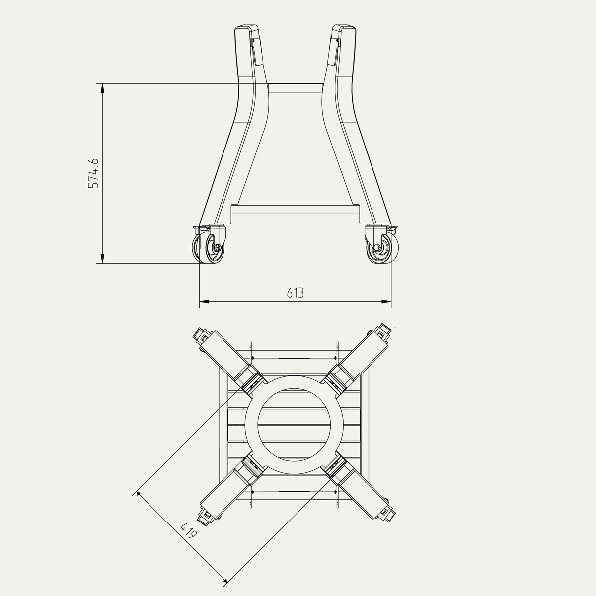V2 Mini stand dimension drawing showing its height and footprint with the side wings extended.