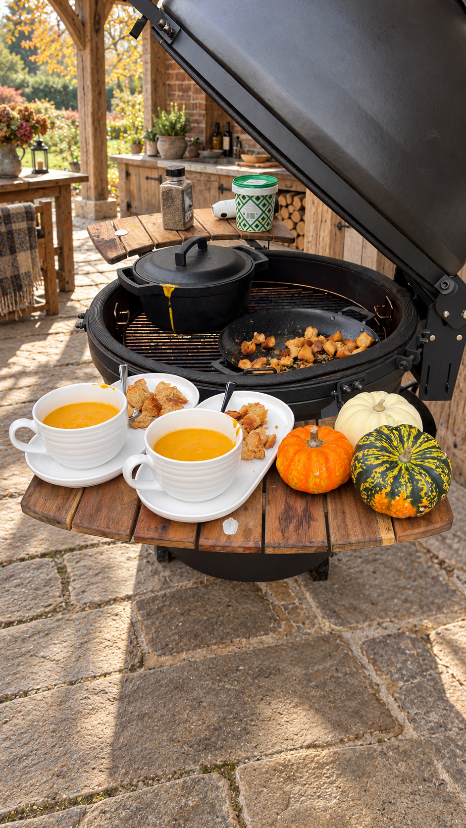 Pumpkin and butternut squash soup with hand-torn Parmesan croutons, alongside the KAMA GEAR SmokePot and paella pan.