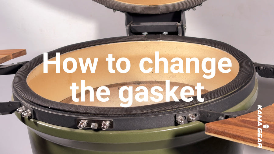 Open kamado showing the gasket around its rim, with the title How to Change the Gasket.