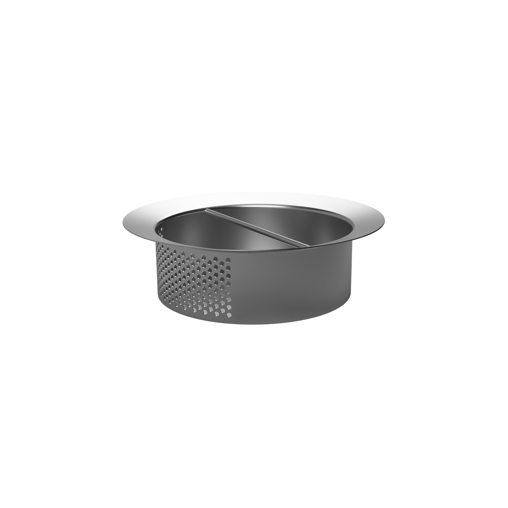 Stainless steel ash catcher with perforated side and lifting handle.