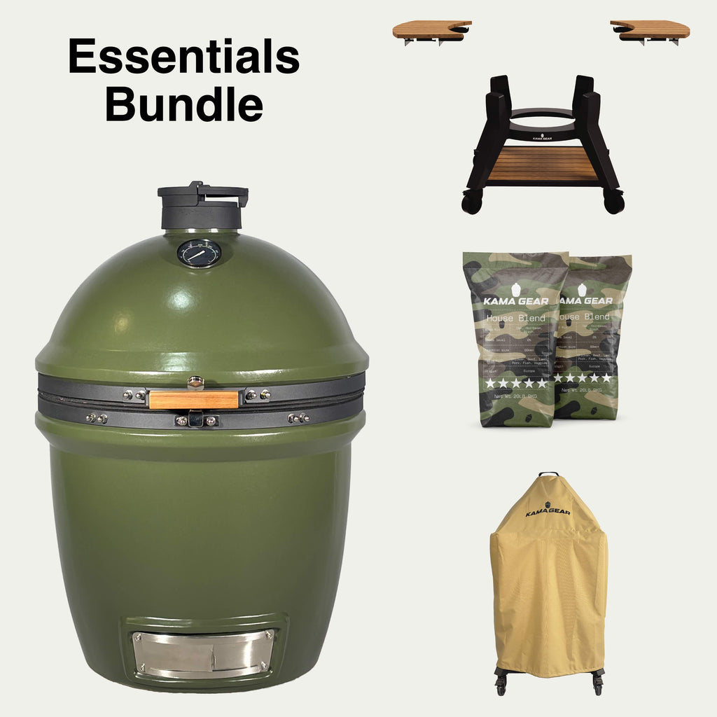 V2 Kamado Essentials Bundle showing an olive-green grill, stand, cover and House Blend charcoal.