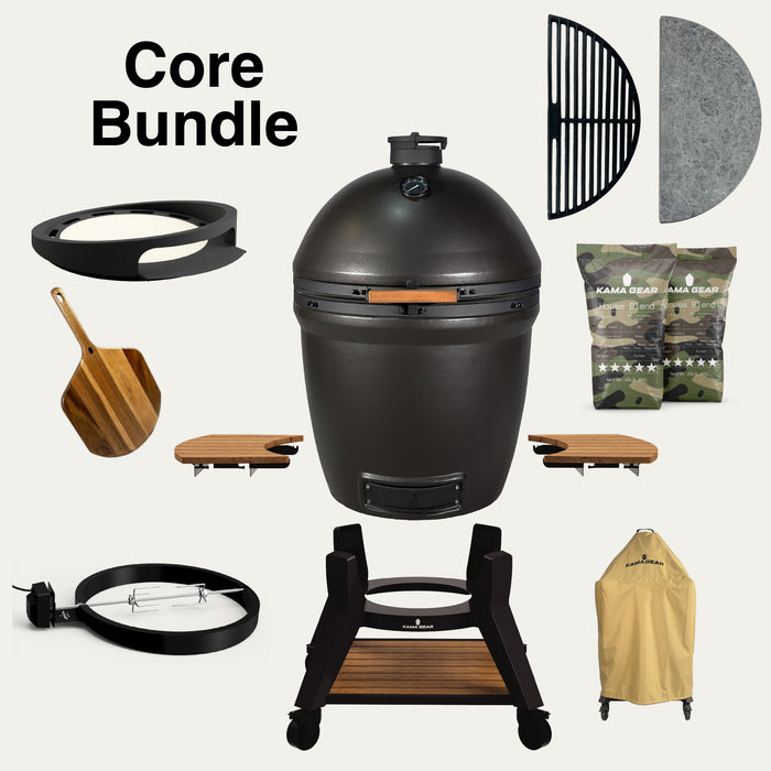 V2 Max Core Bundle with Off-Black grill, stand, rotisserie, pizza attachment, cover, charcoal and cooking surfaces.