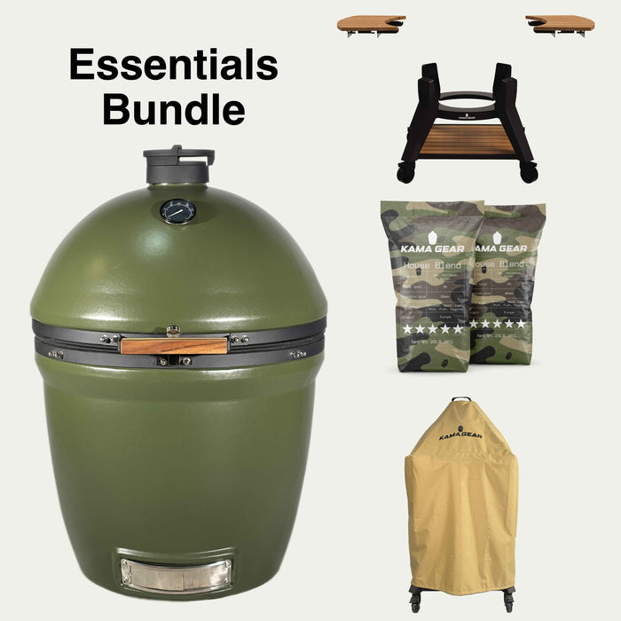 V2 Max Essentials Bundle showing an olive-green grill, stand, cover and House Blend charcoal.