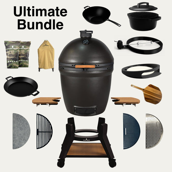 V2 Max Ultimate Bundle with Off-Black grill, stand, cookware, rotisserie, pizza attachment and cooking surfaces.