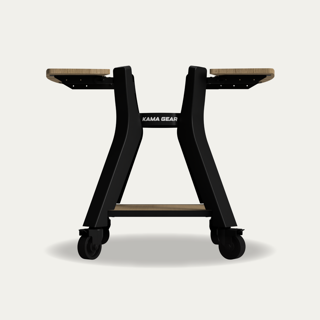 Front view of the KAMA GEAR V2 Mini stand with acacia side wings and lower shelf.