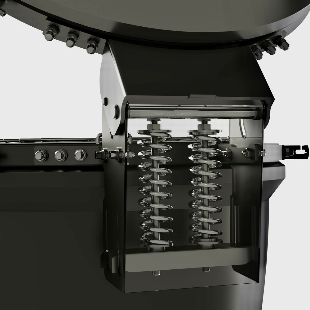 Close-up of the kamado's spring-assisted hinge mechanism with the dome raised.