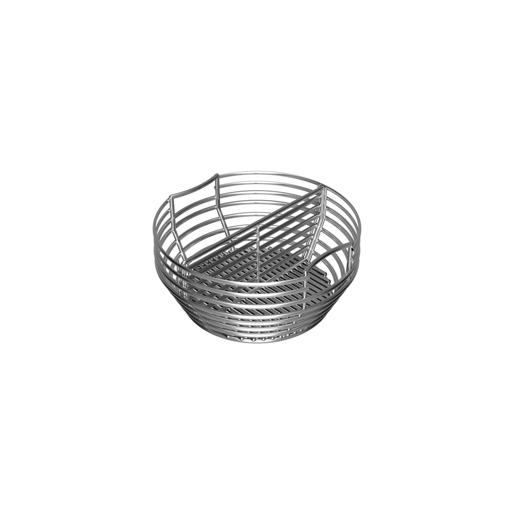Stainless steel charcoal basket with lifting handles and central divider.