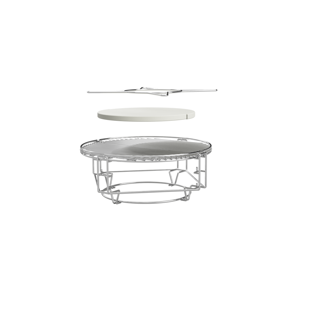Exploded view of the cooking system with rack, grates, deflectors and accessory support.