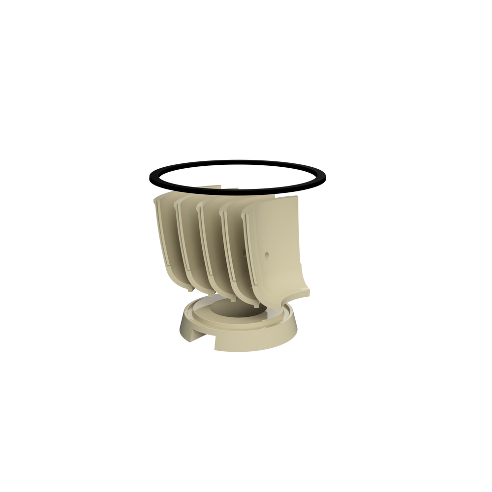 Exploded view of the modular ceramic fire bowl, base and retaining ring.