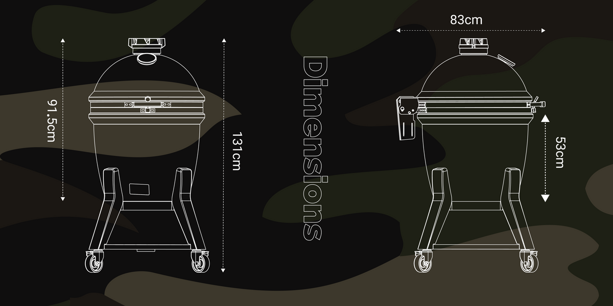 V2 Kamado dimension drawing showing the grill in its stand with side wings extended and folded.