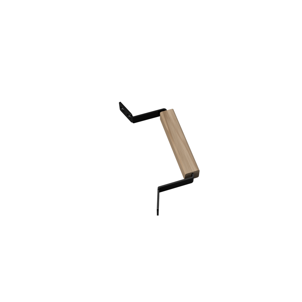 Wooden kamado handle with two black mounting brackets.