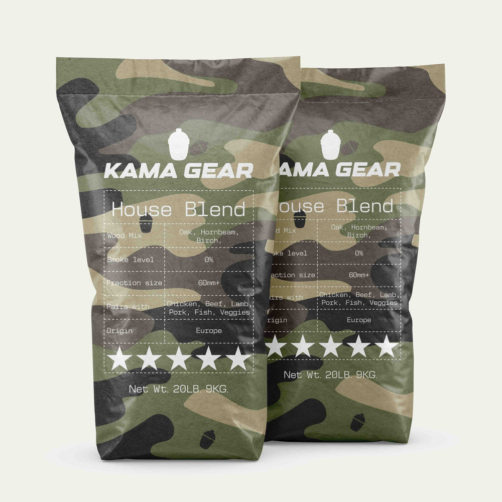 Two camouflage-pattern KAMA GEAR House Blend charcoal bags.