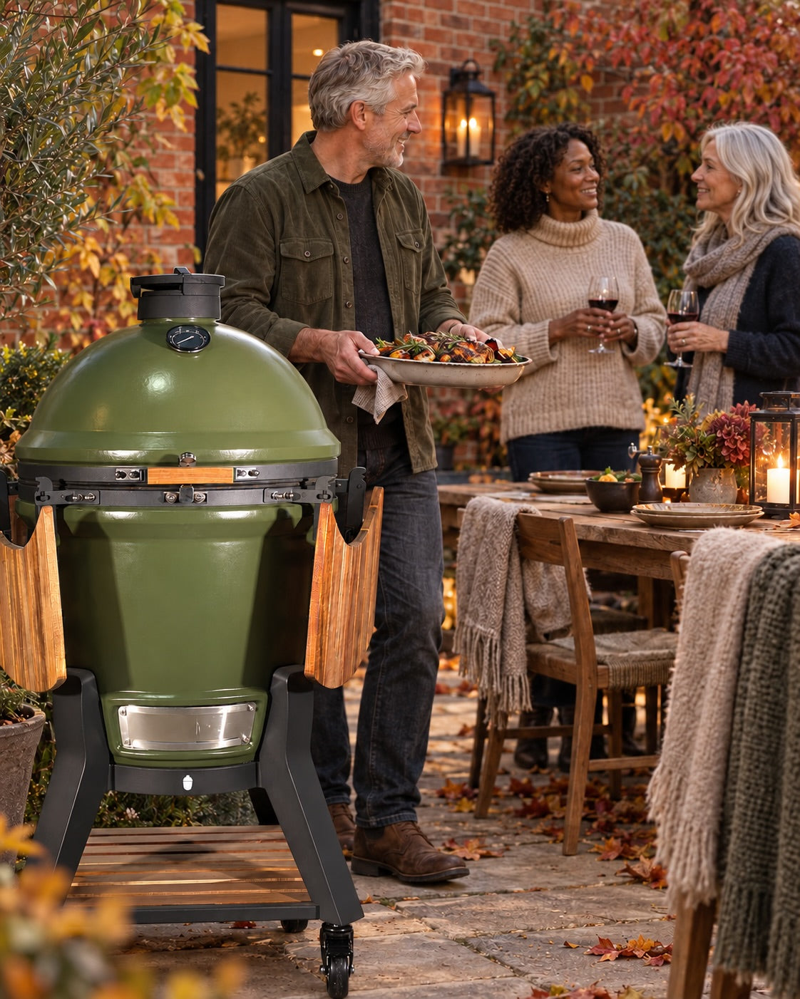 Friends sharing food beside an olive green Kama Gear kamado in an autumn courtyard.