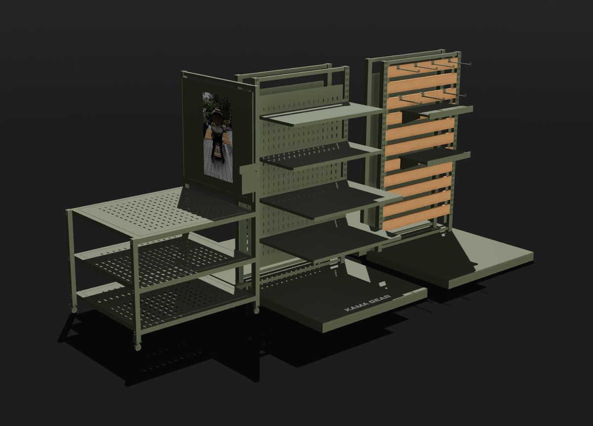 Kama Gear retailer display units with shelving, accessory hooks and a display table.