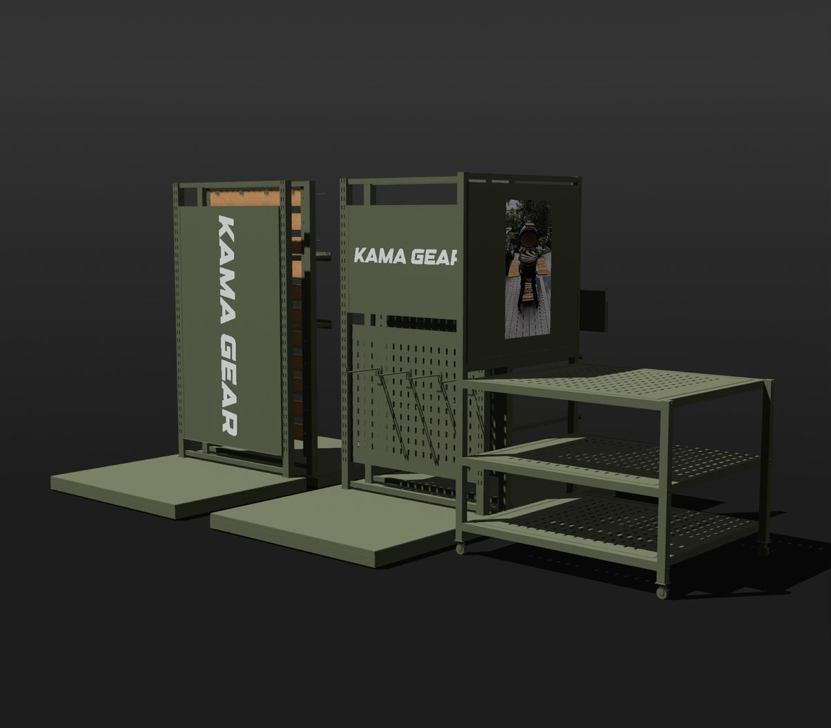 Branded Kama Gear shop-within-a-shop display units with olive panels and product platforms.