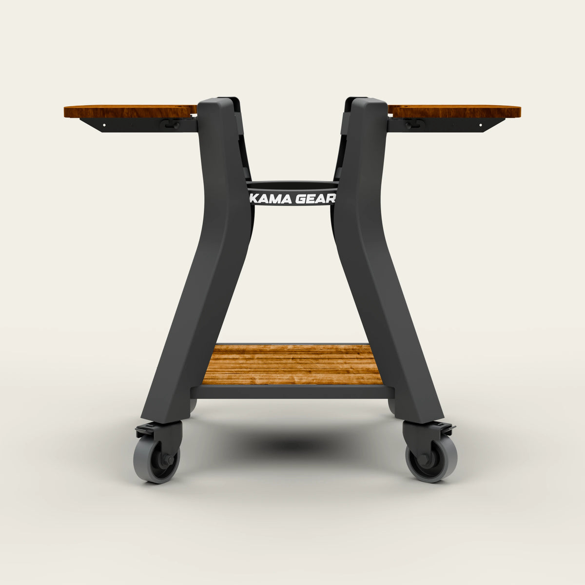 Front view of the KAMA GEAR V2 Mini stand with acacia side wings, lower shelf and black castor wheels.