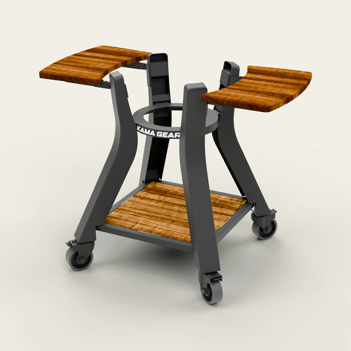 KAMA GEAR V2 Mini stand, front three-quarter view with acacia side wings, lower shelf and black castor wheels.