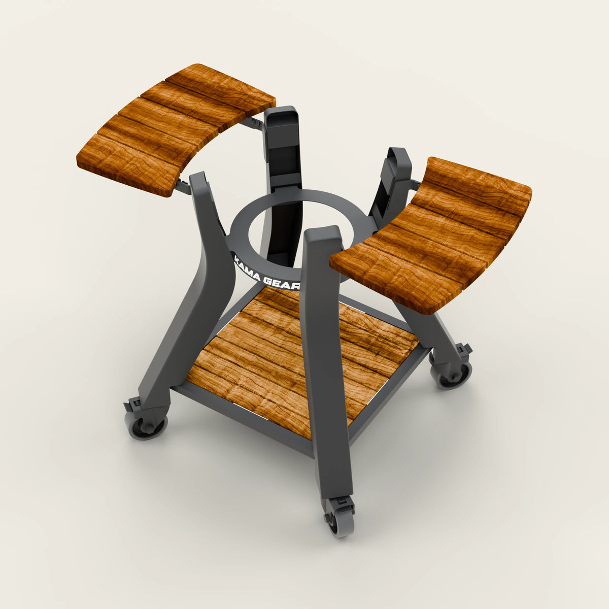 Elevated three-quarter view of the KAMA GEAR V2 Mini stand and acacia side wings.