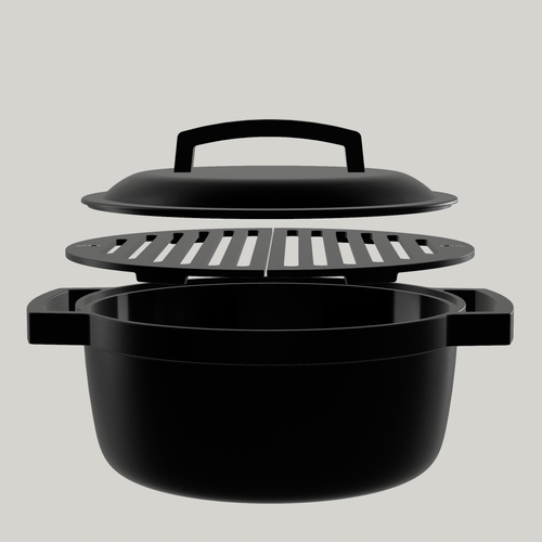 Exploded view of the KAMA GEAR SmokePot showing its cast iron pot, cooking grate and lid.