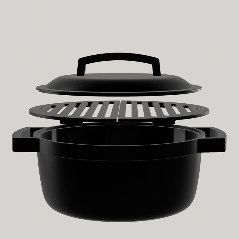 Exploded view of the KAMA GEAR SmokePot showing its cast iron pot, cooking grate and lid.