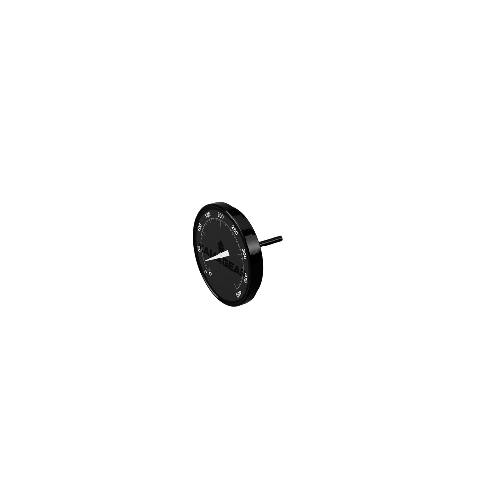Kamado dome thermometer with circular dial and rear probe.